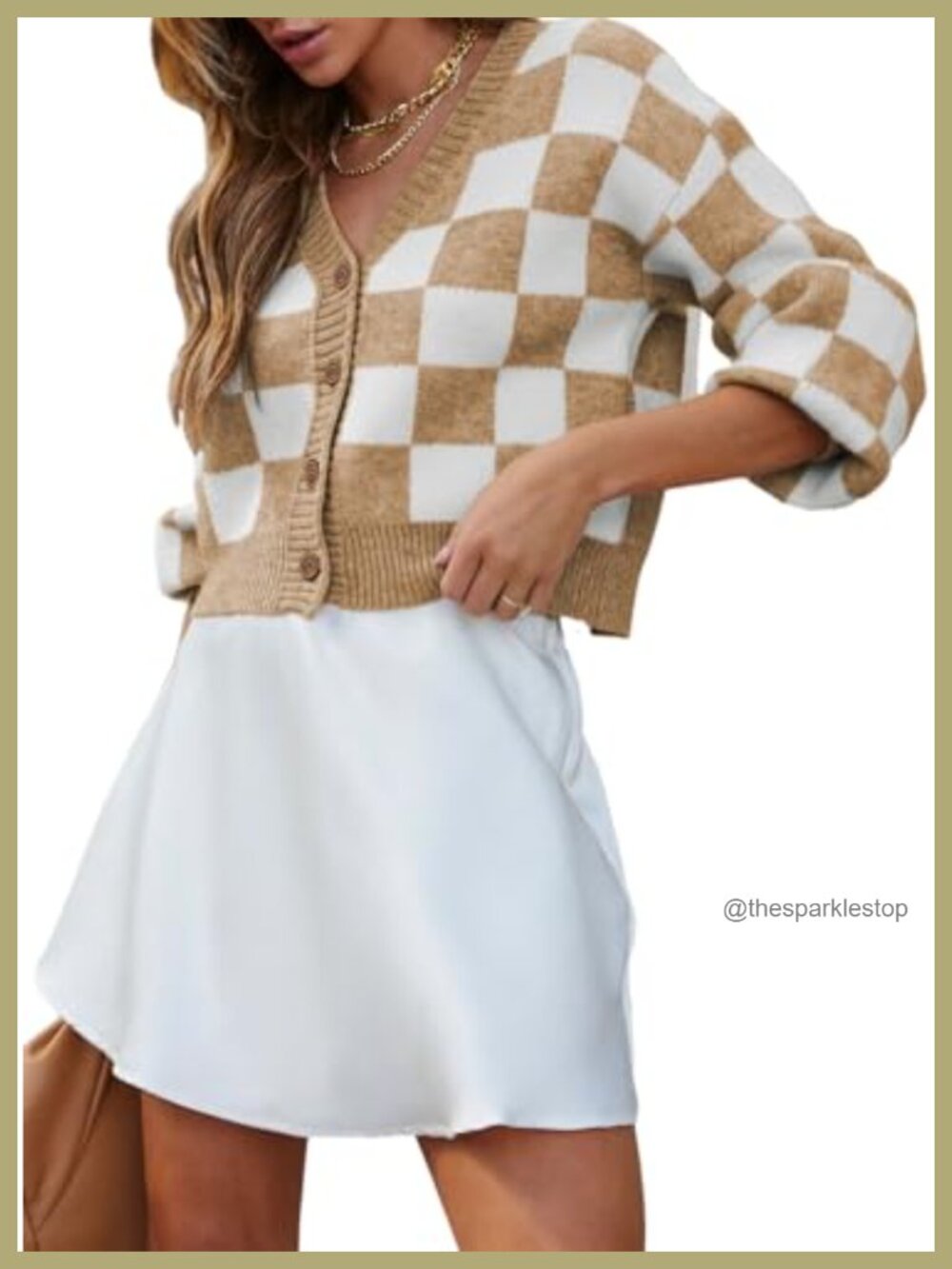 Soft Cable Knit Plaid Cropped Cardigan Button Down V Neck Long Sleeve Sweater